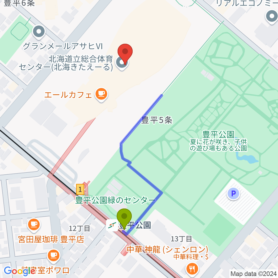 北海きたえーるの最寄駅豊平公園駅からの徒歩ルート（約4分）地図