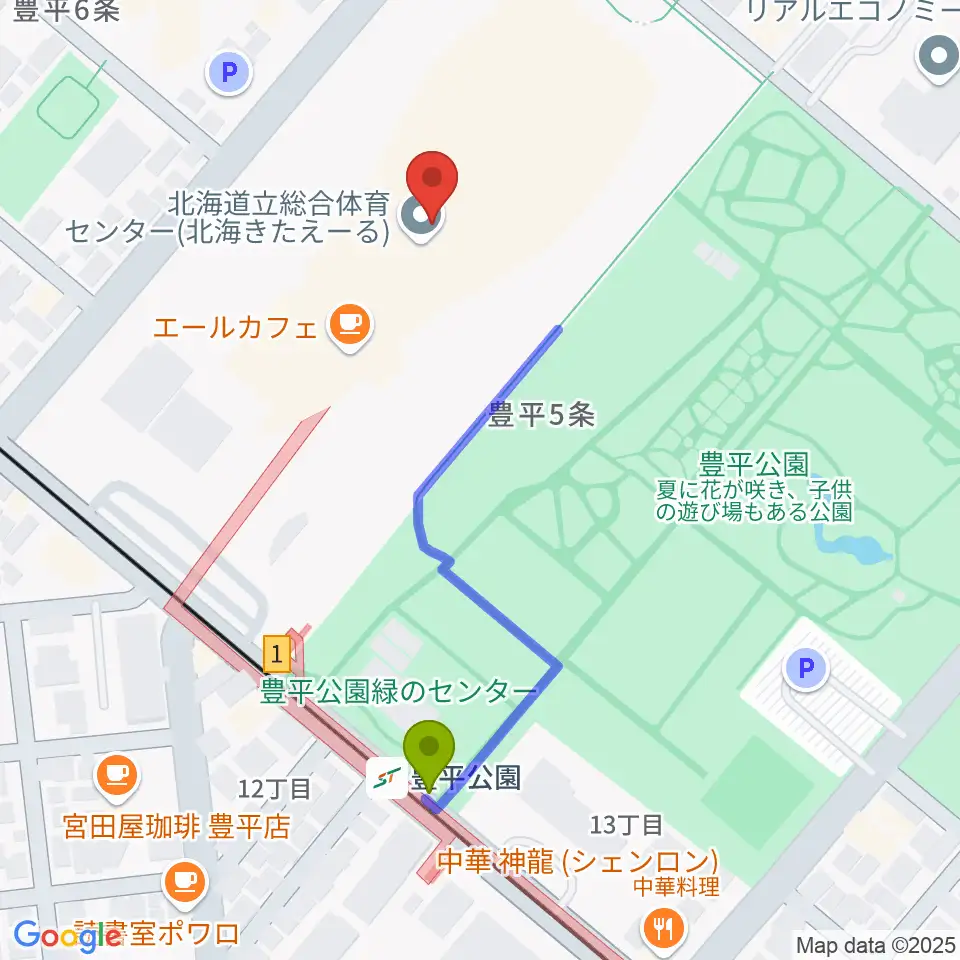 北海きたえーるの最寄駅豊平公園駅からの徒歩ルート（約4分）地図