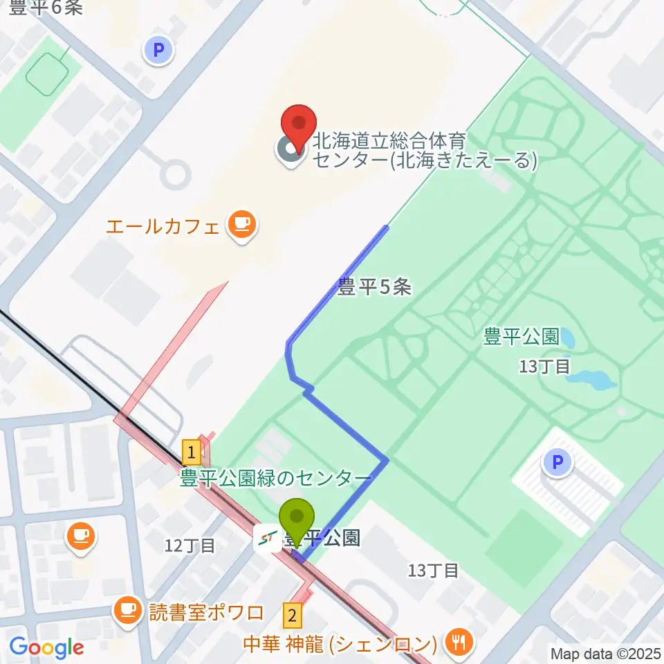 北海きたえーるの最寄駅豊平公園駅からの徒歩ルート（約4分）地図