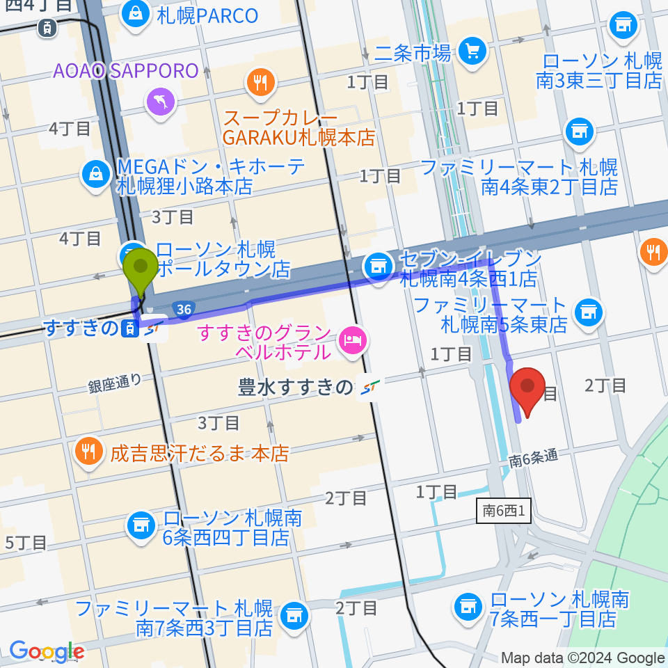 すすきの駅から札幌PROVOへのルートマップ地図