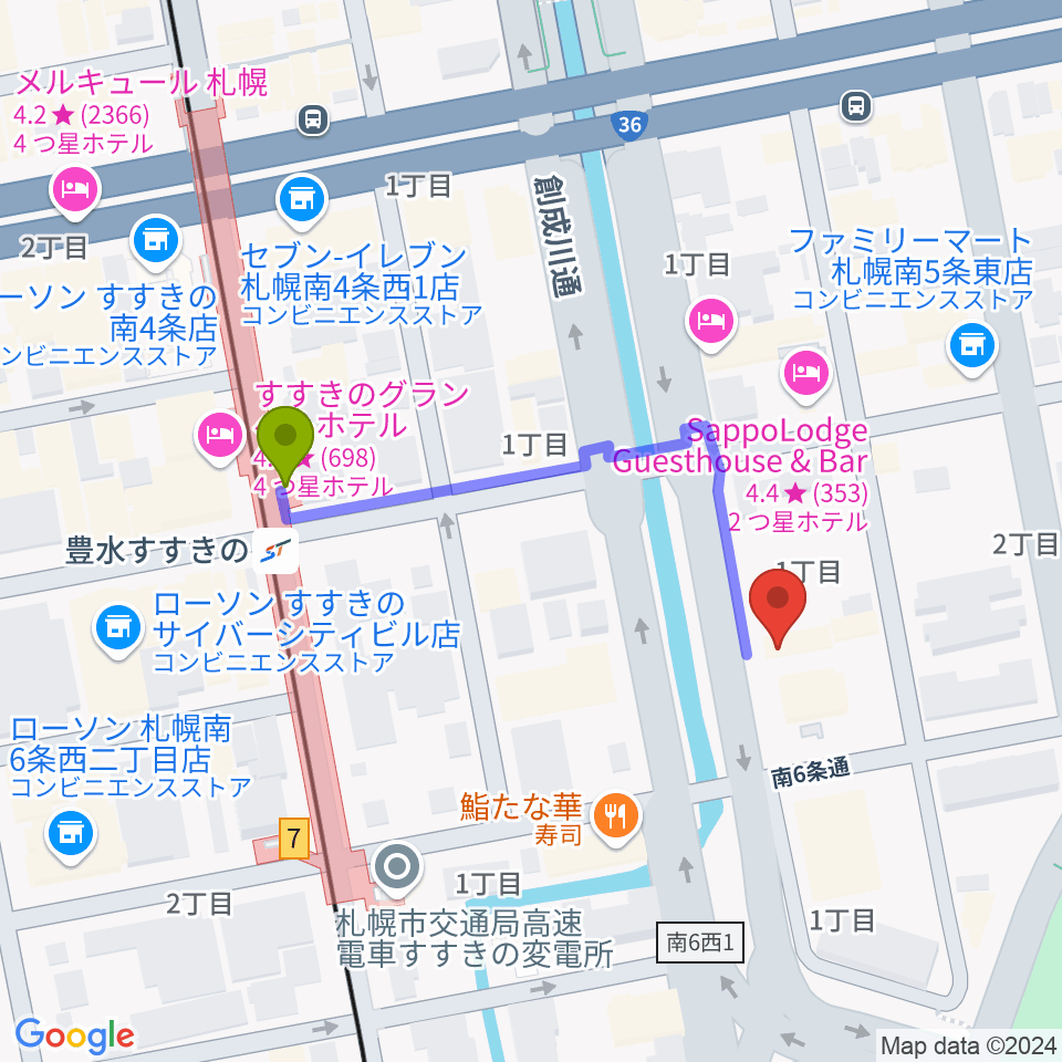 札幌PROVOの最寄駅豊水すすきの駅からの徒歩ルート（約3分）地図