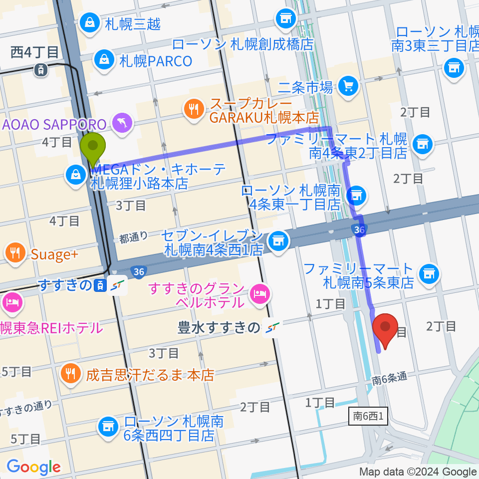 狸小路駅から札幌PROVOへのルートマップ地図