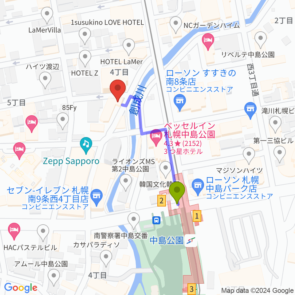 札幌SPiCEの最寄駅中島公園駅からの徒歩ルート（約3分）地図