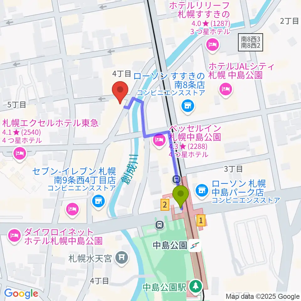 札幌SPiCEの最寄駅中島公園駅からの徒歩ルート（約3分）地図