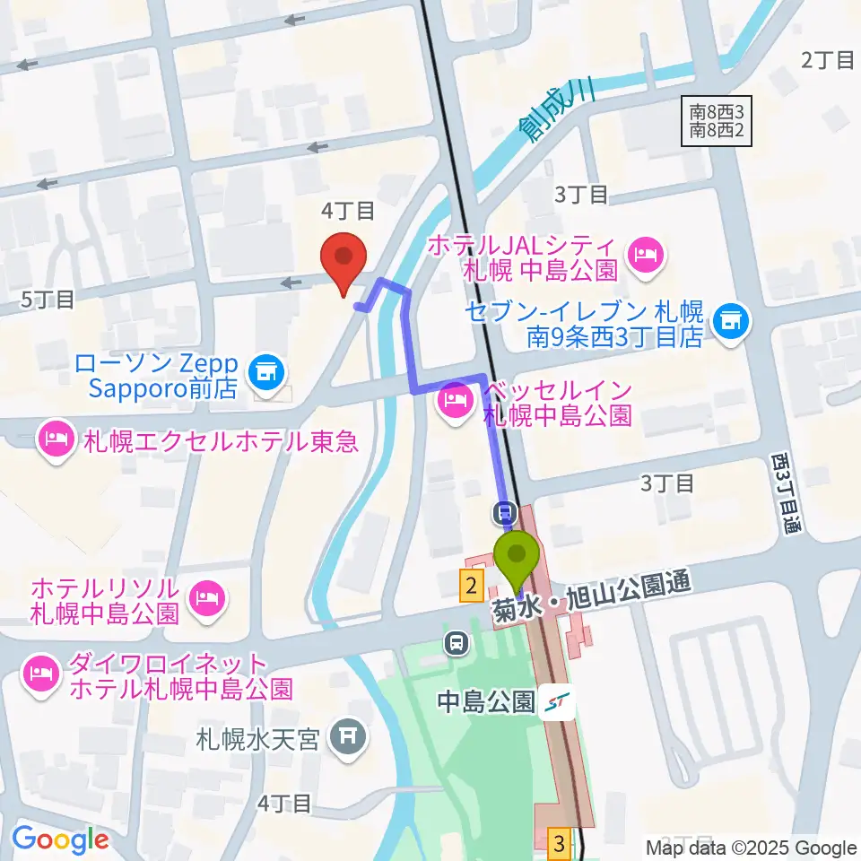 札幌SPiCEの最寄駅中島公園駅からの徒歩ルート（約3分）地図