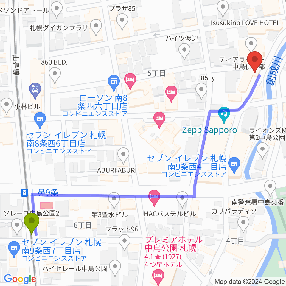 山鼻９条駅から札幌SPiCEへのルートマップ地図