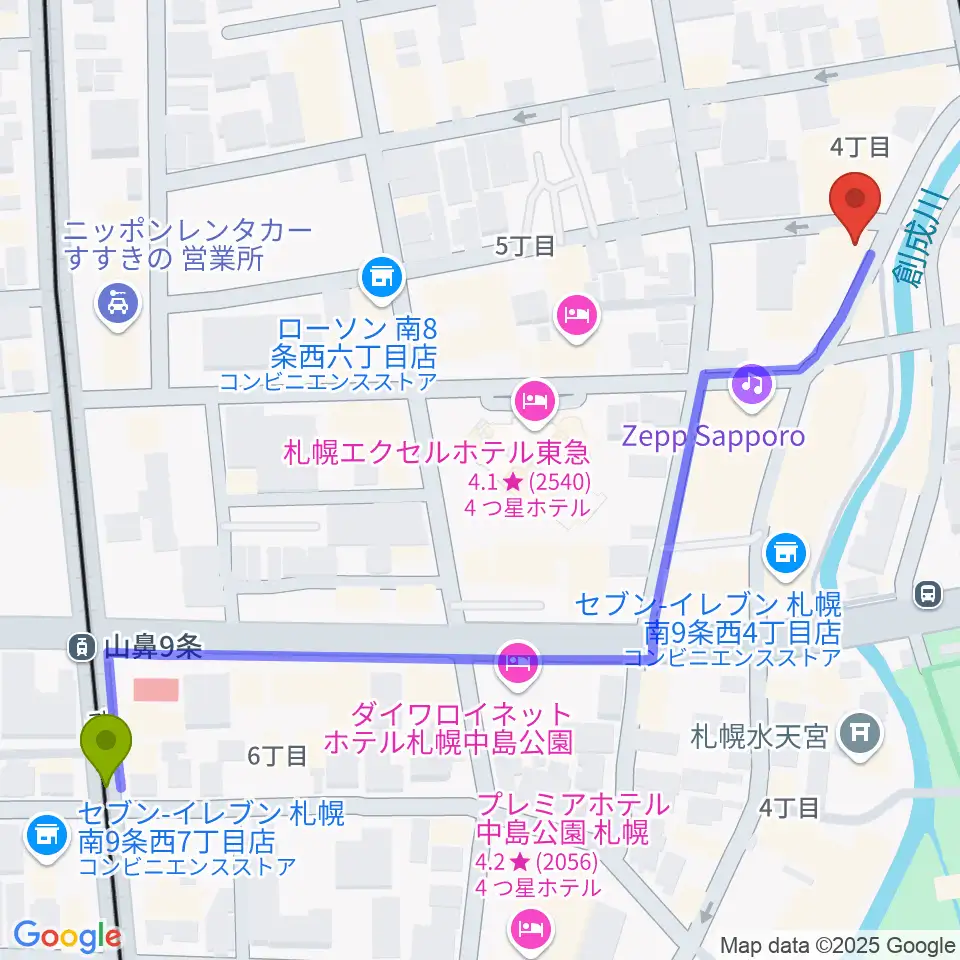 山鼻９条駅から札幌SPiCEへのルートマップ地図