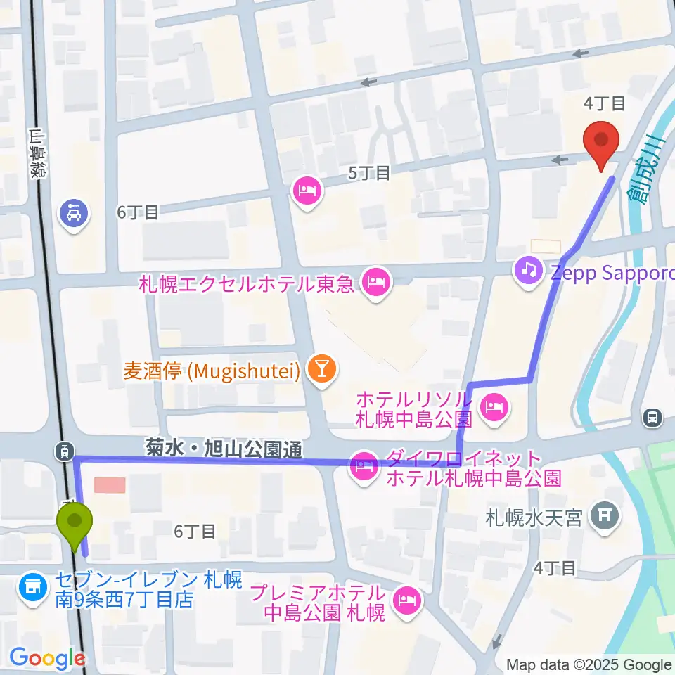 山鼻９条駅から札幌SPiCEへのルートマップ地図