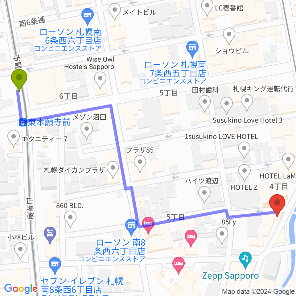 東本願寺前駅から札幌SPiCEへのルートマップ地図