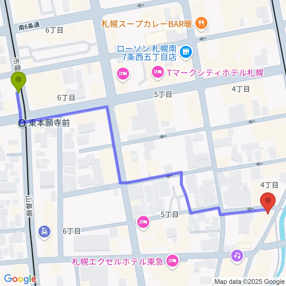 東本願寺前駅から札幌SPiCEへのルートマップ地図
