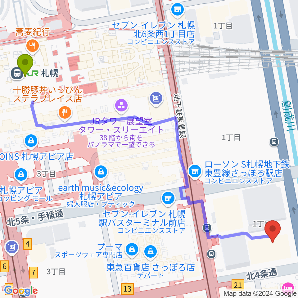 共済ホールの最寄駅札幌駅からの徒歩ルート 約7分 Mdata