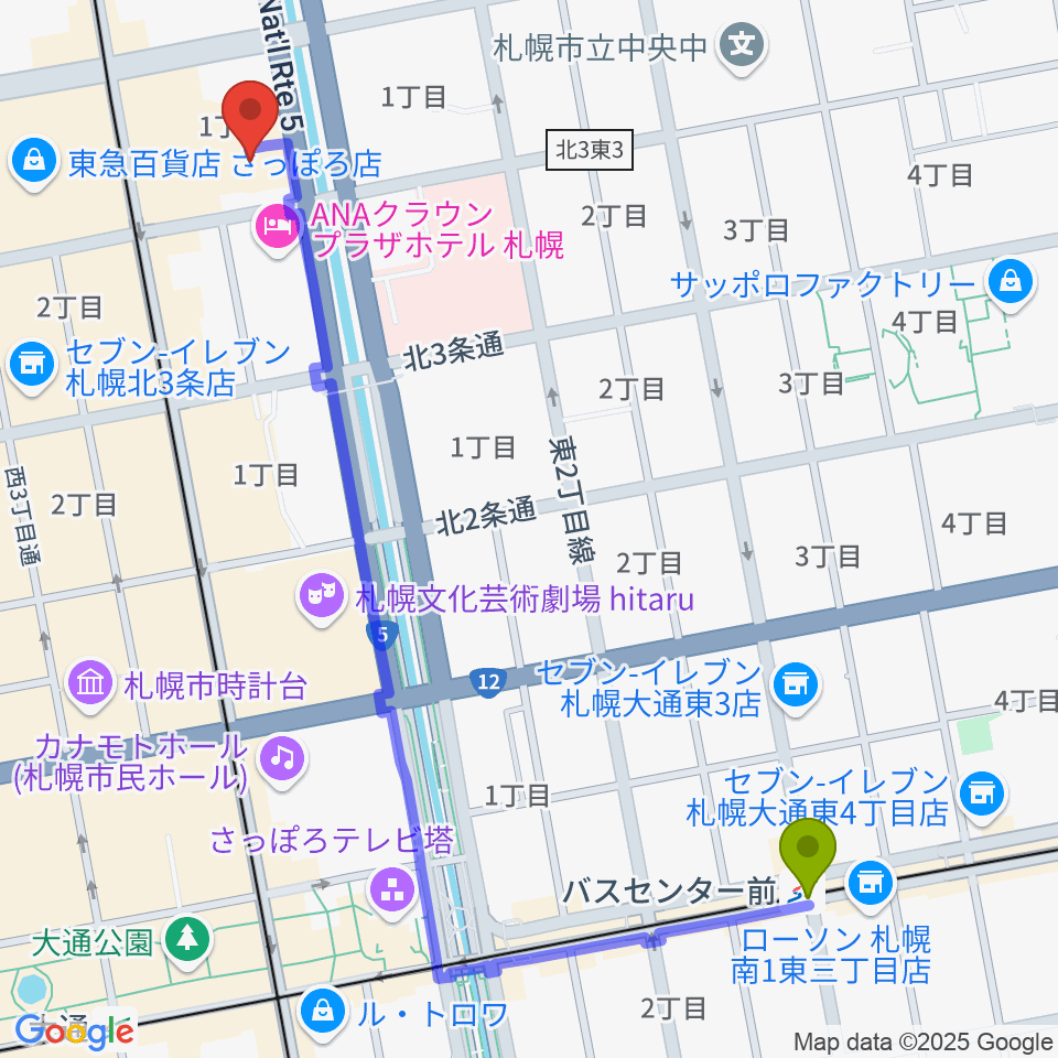 バスセンター前駅から共済ホールへのルートマップ地図