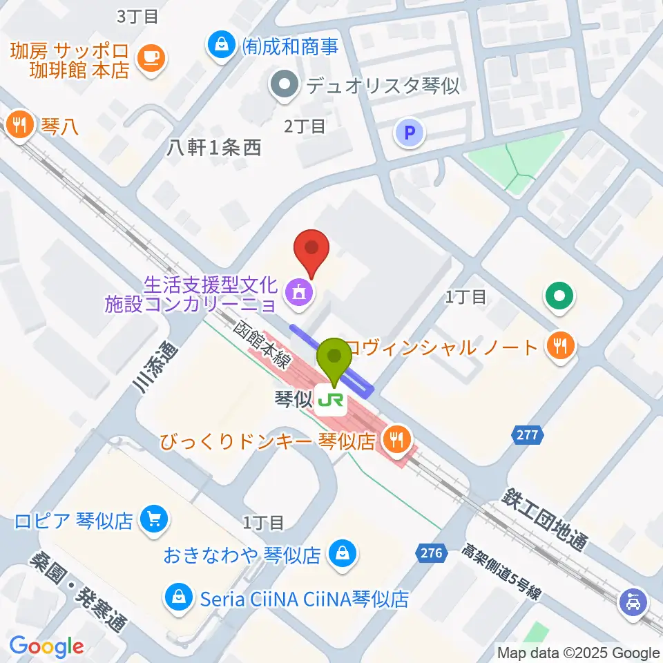 生活支援型文化施設コンカリーニョの最寄駅琴似駅からの徒歩ルート（約1分）地図