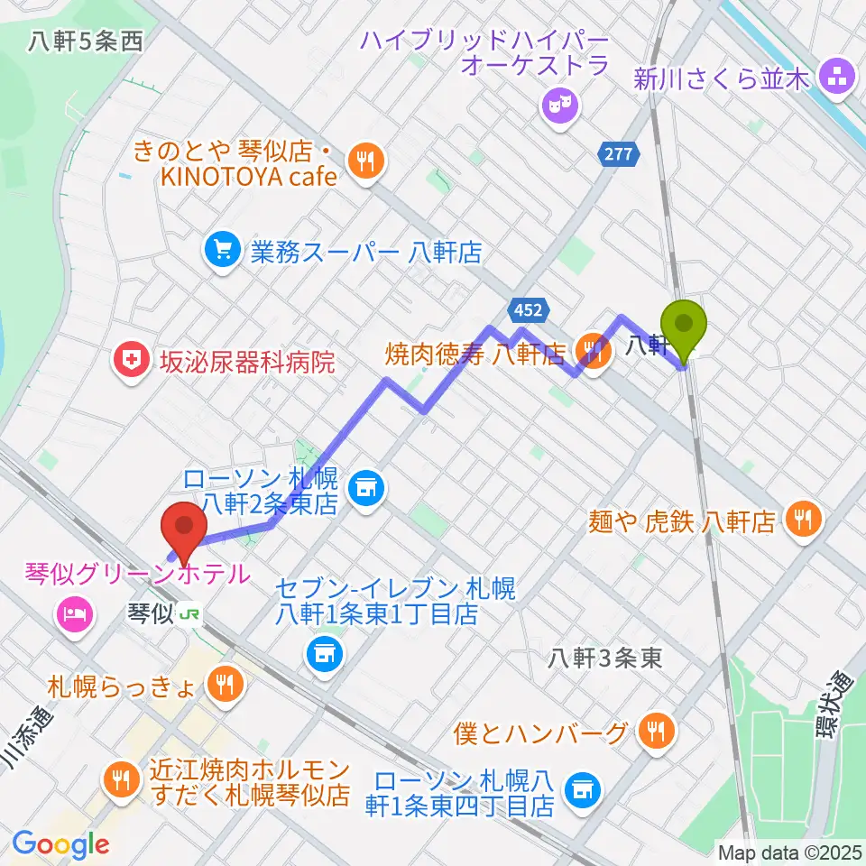 八軒駅から生活支援型文化施設コンカリーニョへのルートマップ地図