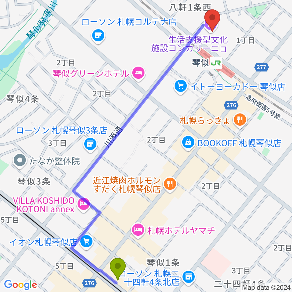 琴似駅から生活支援型文化施設コンカリーニョへのルートマップ地図