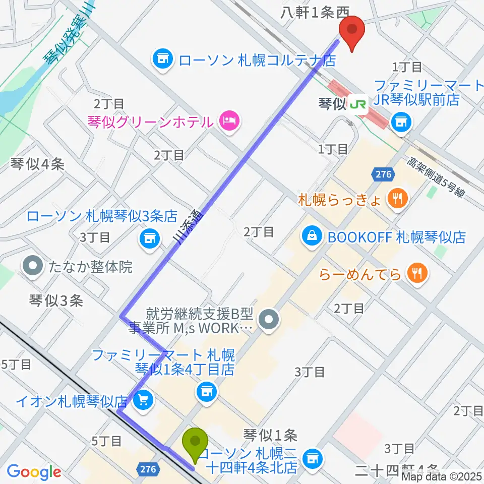 琴似駅から生活支援型文化施設コンカリーニョへのルートマップ地図