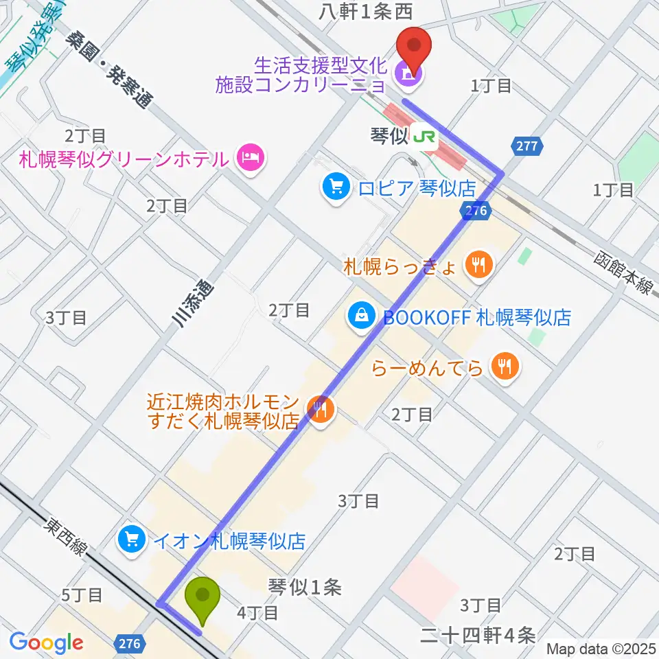 琴似駅から生活支援型文化施設コンカリーニョへのルートマップ地図