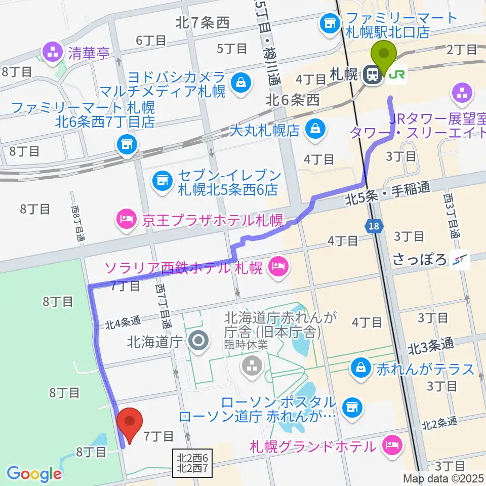 札幌駅から北海道立道民活動センター かでる2・7へのルートマップ地図