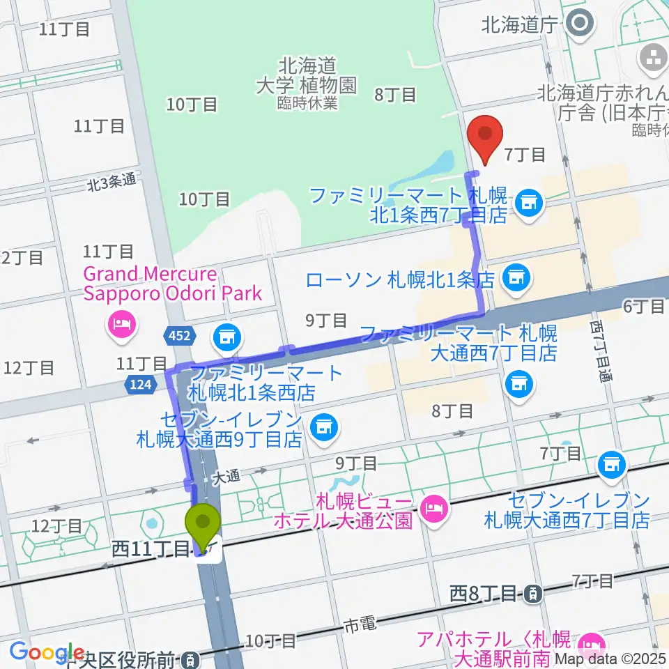 西１１丁目駅から北海道立道民活動センター かでる2・7へのルートマップ地図