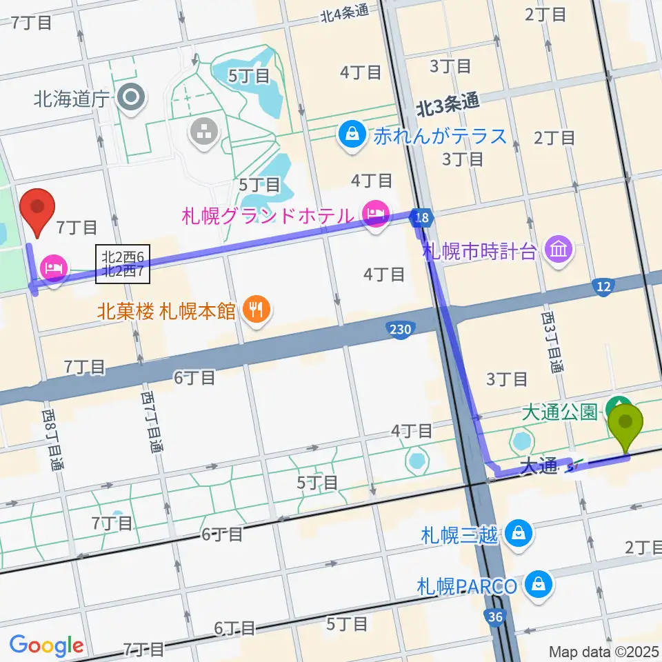大通駅から北海道立道民活動センター かでる2・7へのルートマップ地図
