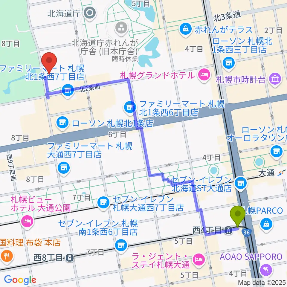 西４丁目駅から北海道立道民活動センター かでる2・7へのルートマップ地図