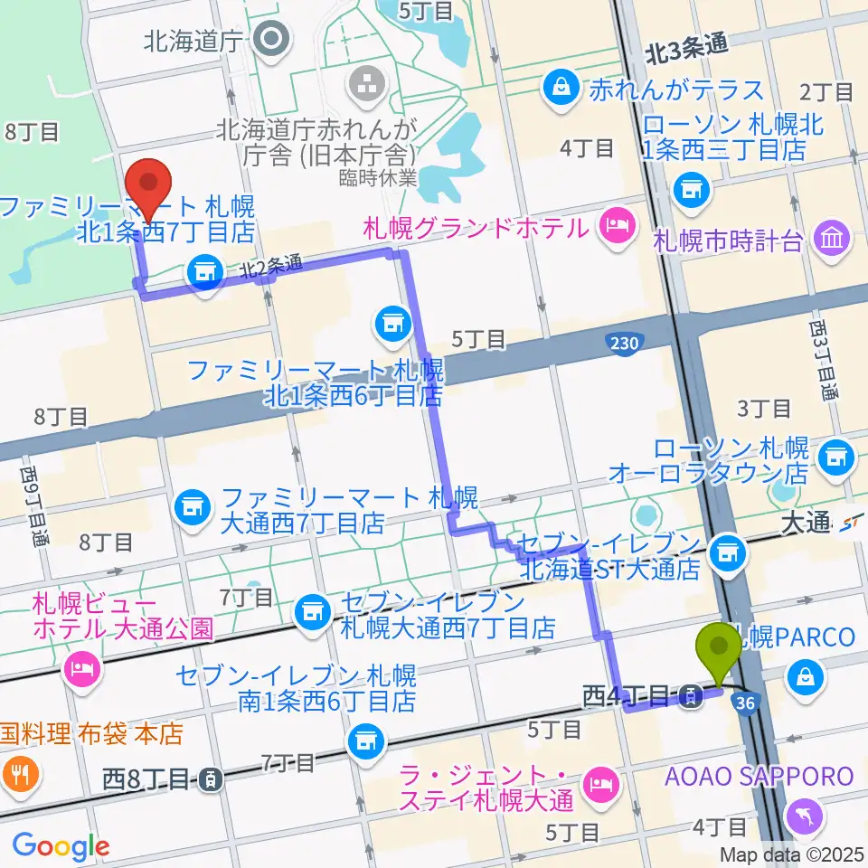 西４丁目駅から北海道立道民活動センター かでる2・7へのルートマップ地図