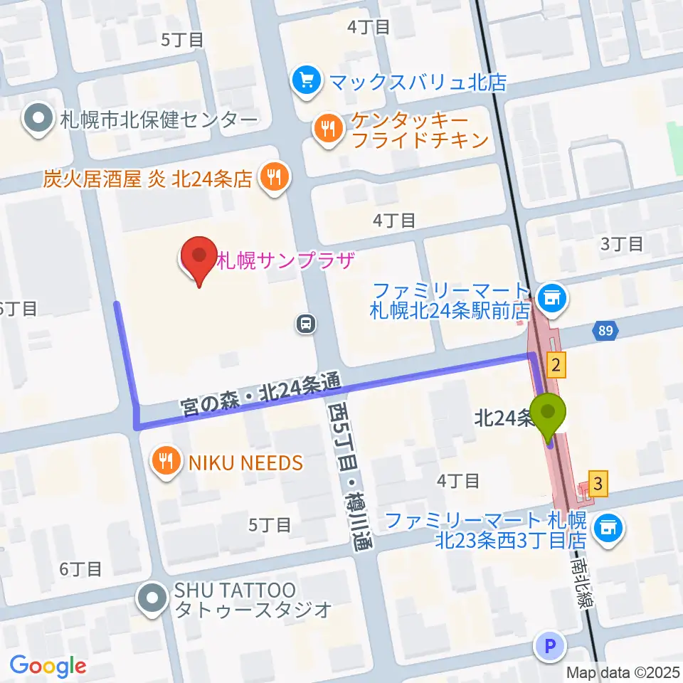 札幌サンプラザホールの最寄駅北２４条駅からの徒歩ルート（約4分）地図