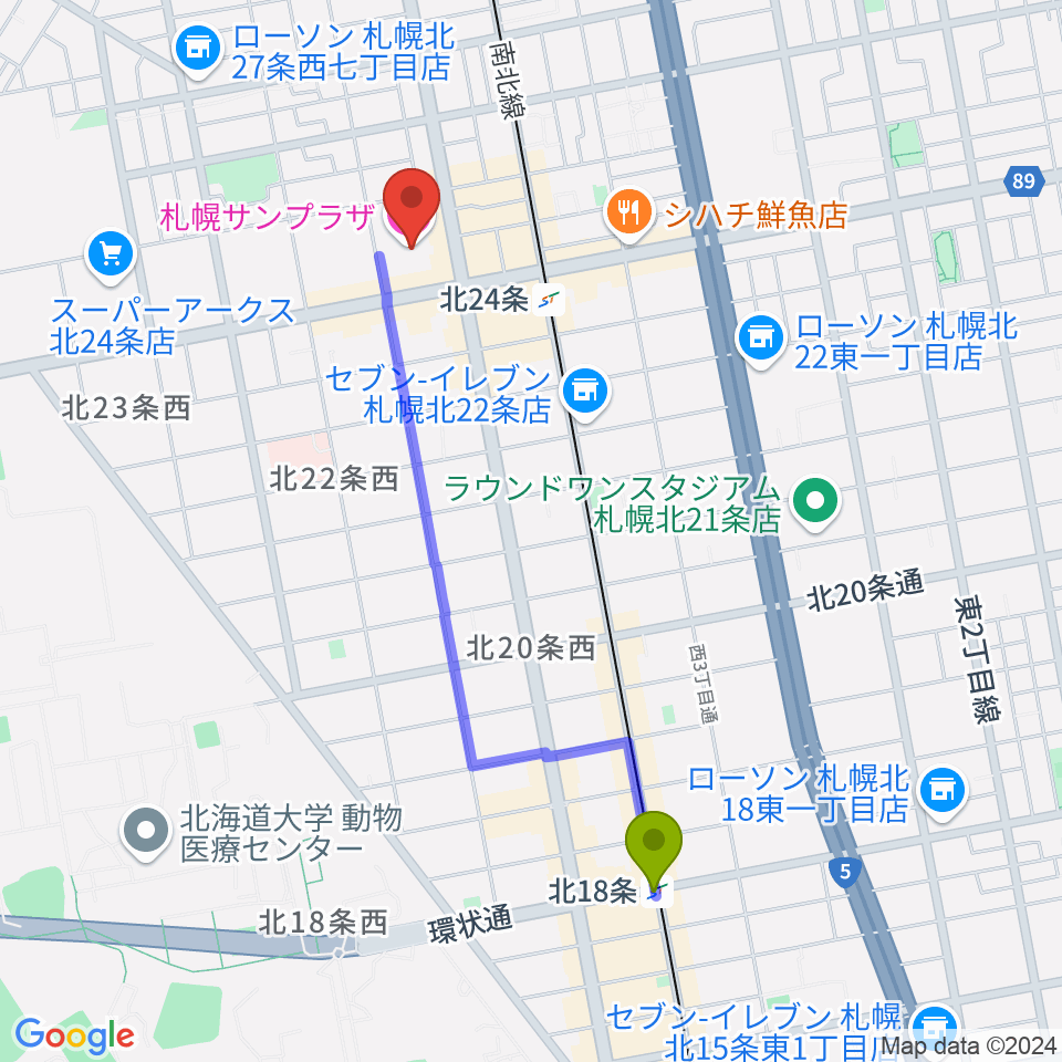 北１８条駅から札幌サンプラザホールへのルートマップ地図