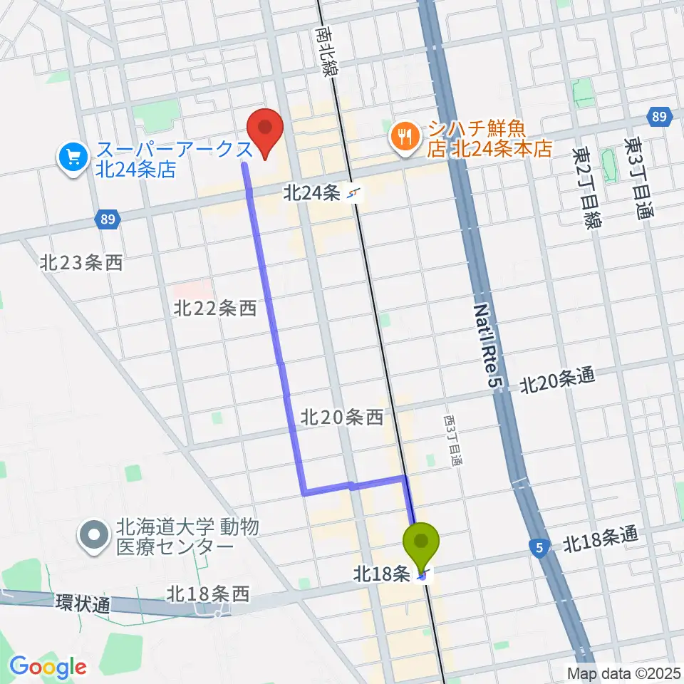 北１８条駅から札幌サンプラザホールへのルートマップ地図