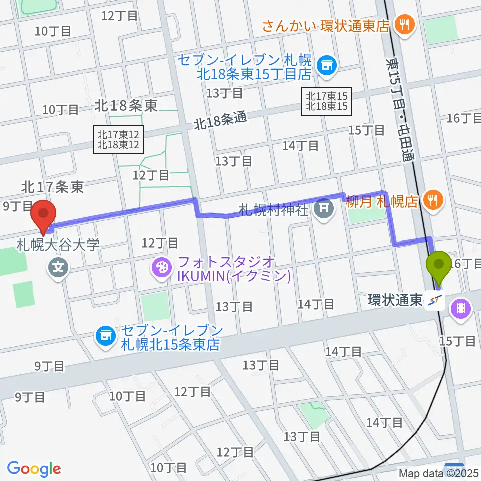 環状通東駅から札幌大谷大学 大谷記念ホールへのルートマップ地図