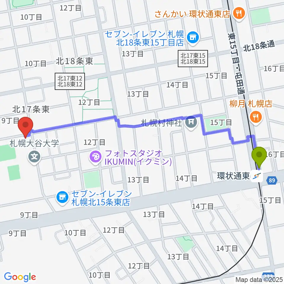 環状通東駅から札幌大谷大学 大谷記念ホールへのルートマップ地図