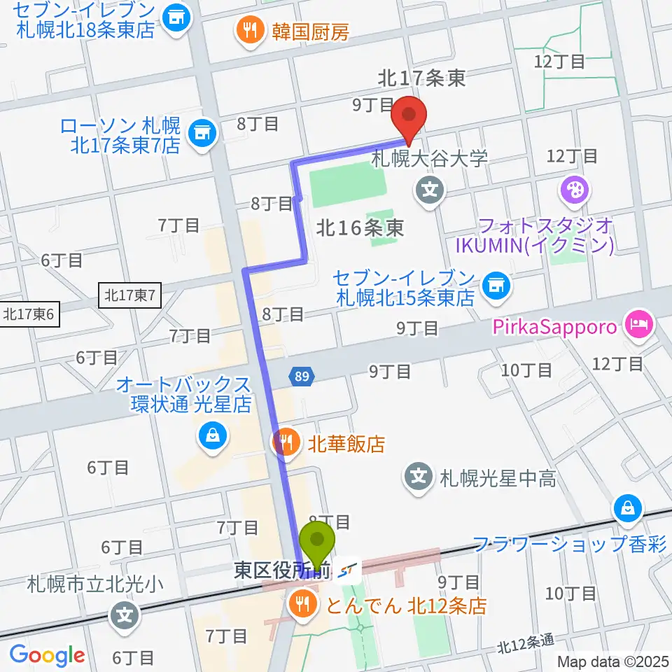 札幌大谷大学 大谷記念ホールの最寄駅東区役所前駅からの徒歩ルート（約9分）地図