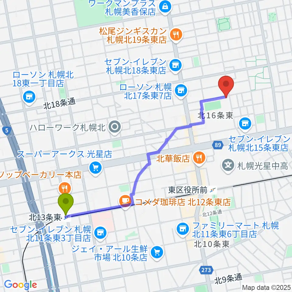 北１３条東駅から札幌大谷大学 大谷記念ホールへのルートマップ地図