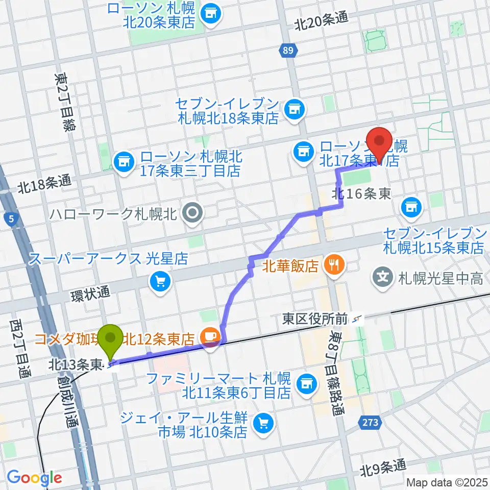 北１３条東駅から札幌大谷大学 大谷記念ホールへのルートマップ地図