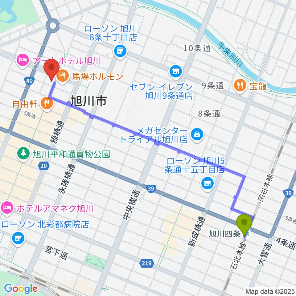 旭川四条駅から旭川カジノドライブへのルートマップ地図