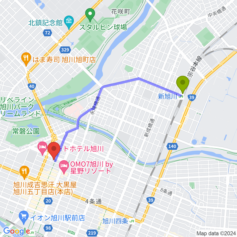 新旭川駅から旭川カジノドライブへのルートマップ地図