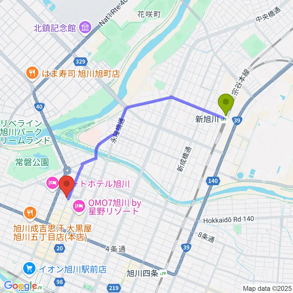 新旭川駅から旭川カジノドライブへのルートマップ地図