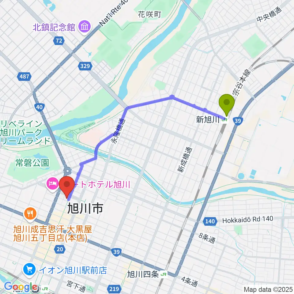 新旭川駅から旭川カジノドライブへのルートマップ地図