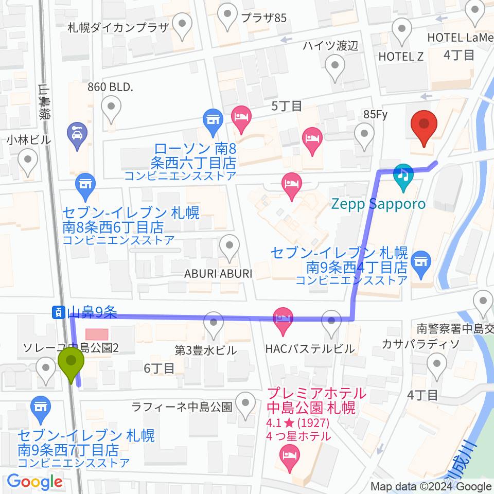 山鼻９条駅からSUSUKINO 810へのルートマップ地図