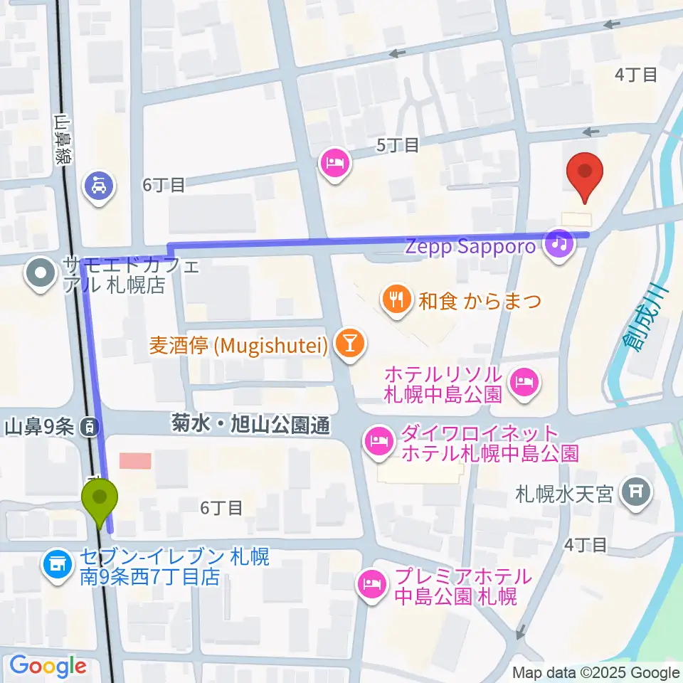 山鼻９条駅からSUSUKINO 810へのルートマップ地図