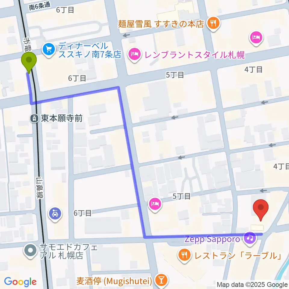 東本願寺前駅からSUSUKINO 810へのルートマップ地図