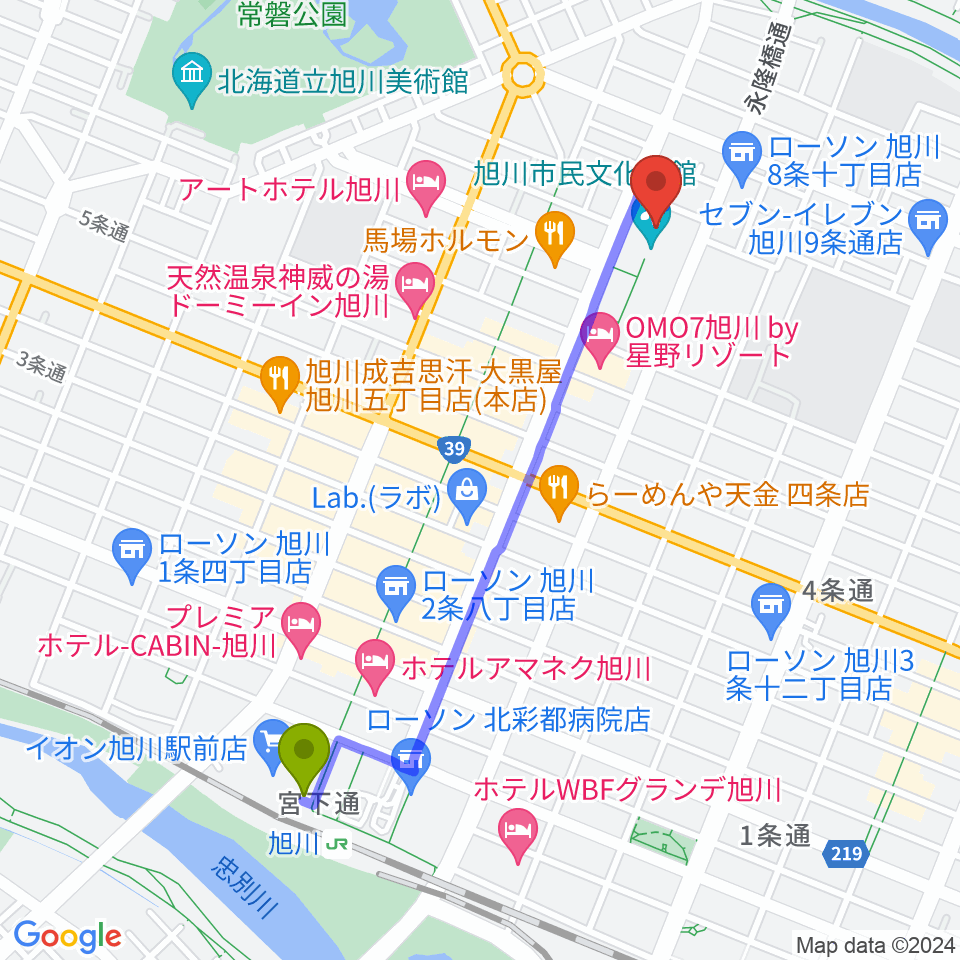 旭川市民文化会館の最寄駅旭川駅からの徒歩ルート（約19分）地図