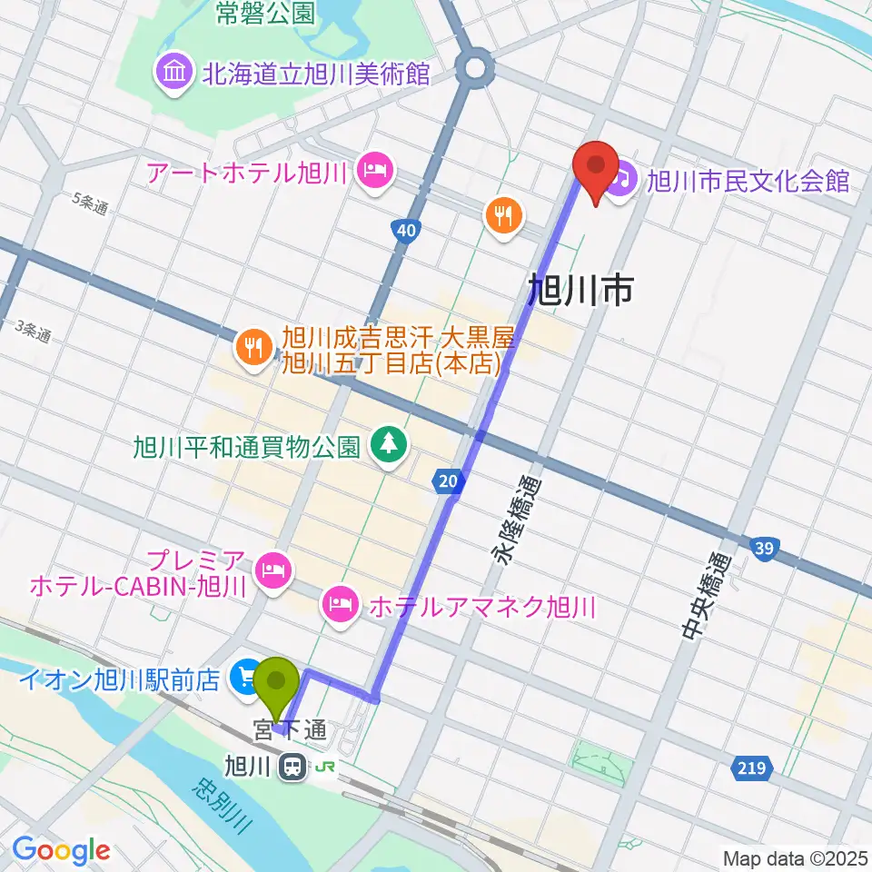 旭川市民文化会館の最寄駅旭川駅からの徒歩ルート（約19分）地図