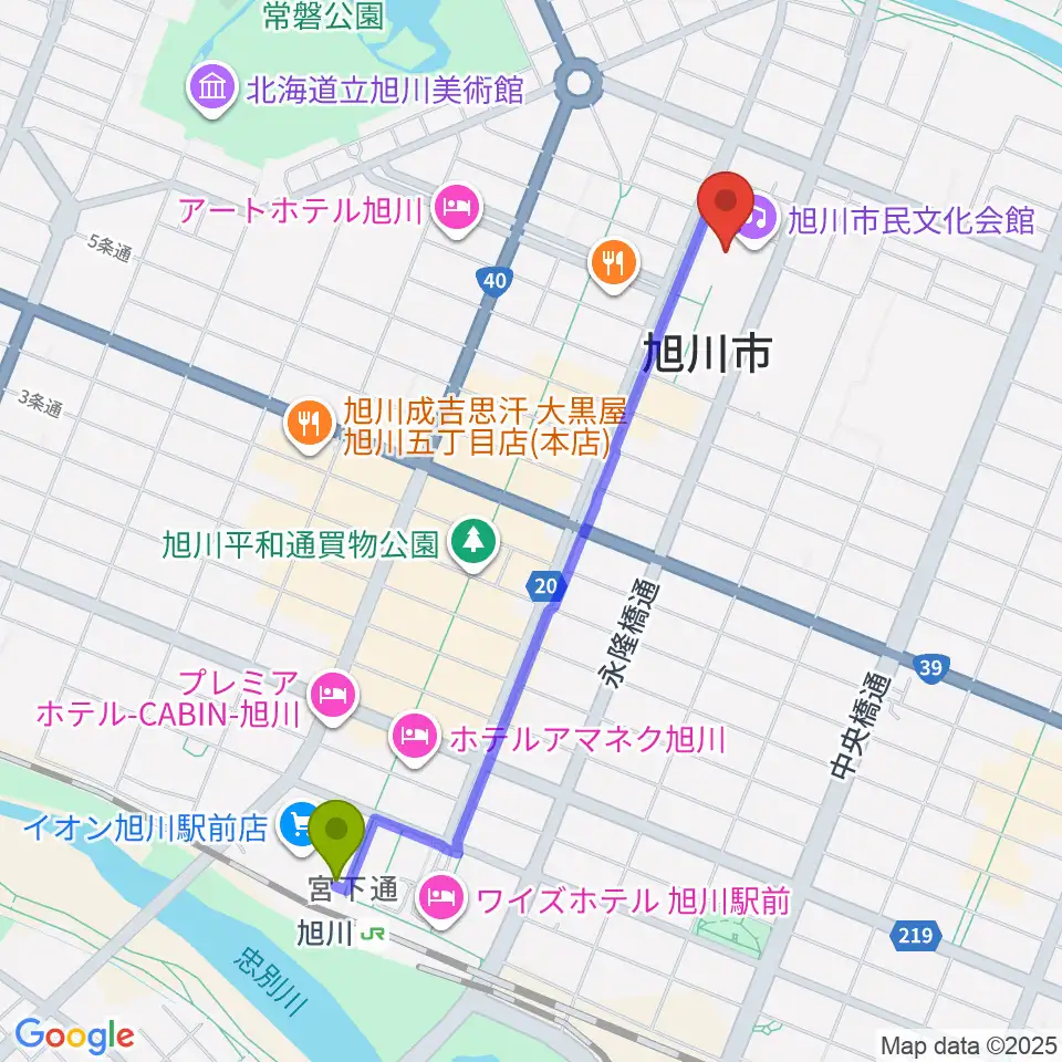 旭川市民文化会館の最寄駅旭川駅からの徒歩ルート（約19分）地図