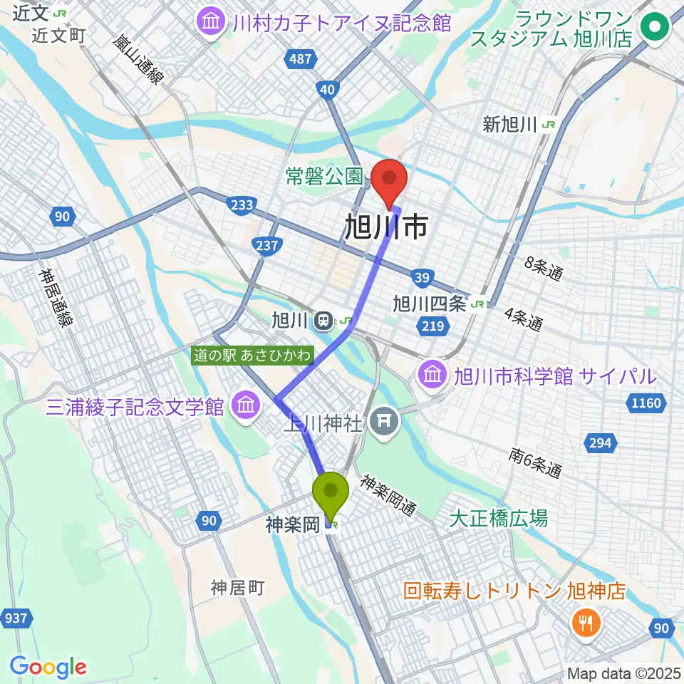 神楽岡駅から旭川市民文化会館へのルートマップ地図