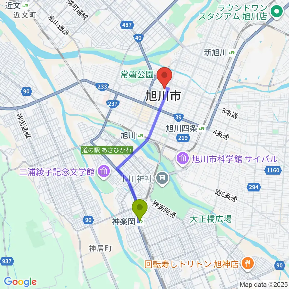 神楽岡駅から旭川市民文化会館へのルートマップ地図