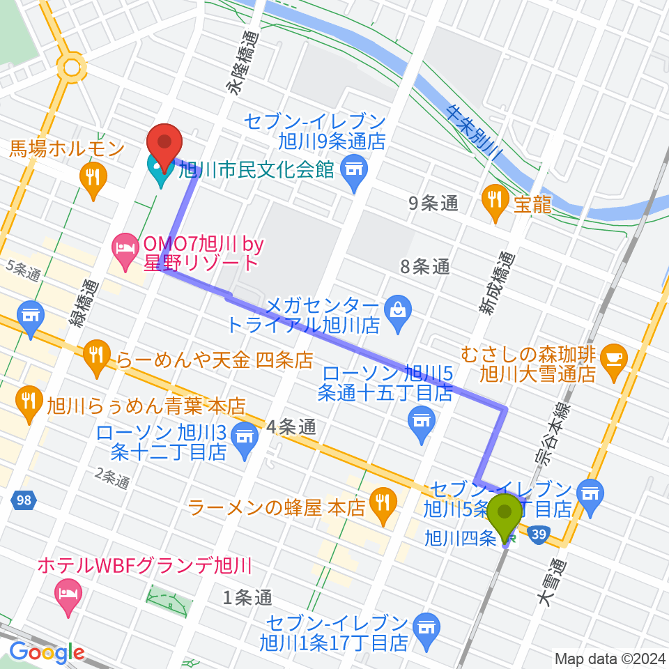 旭川四条駅から旭川市民文化会館へのルートマップ地図
