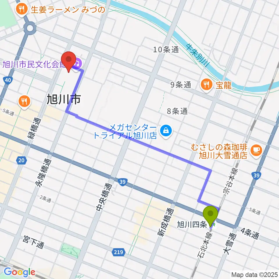 旭川四条駅から旭川市民文化会館へのルートマップ地図