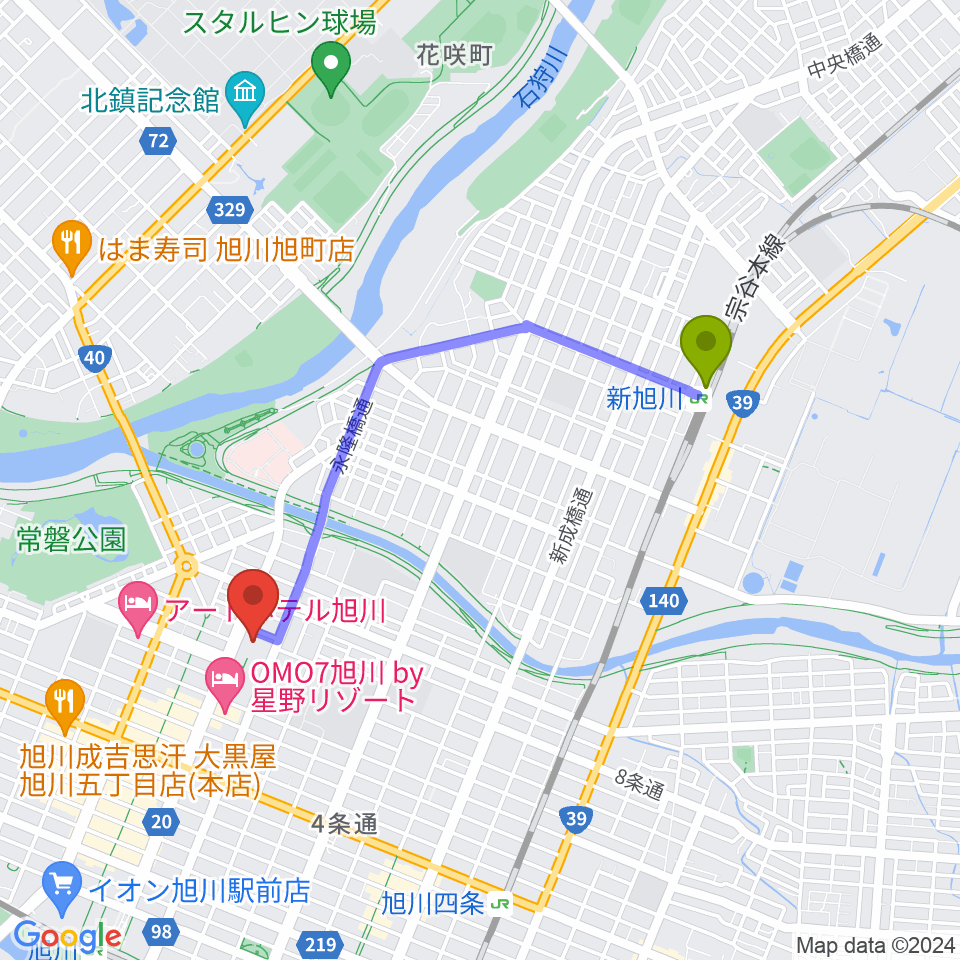 新旭川駅から旭川市民文化会館へのルートマップ地図