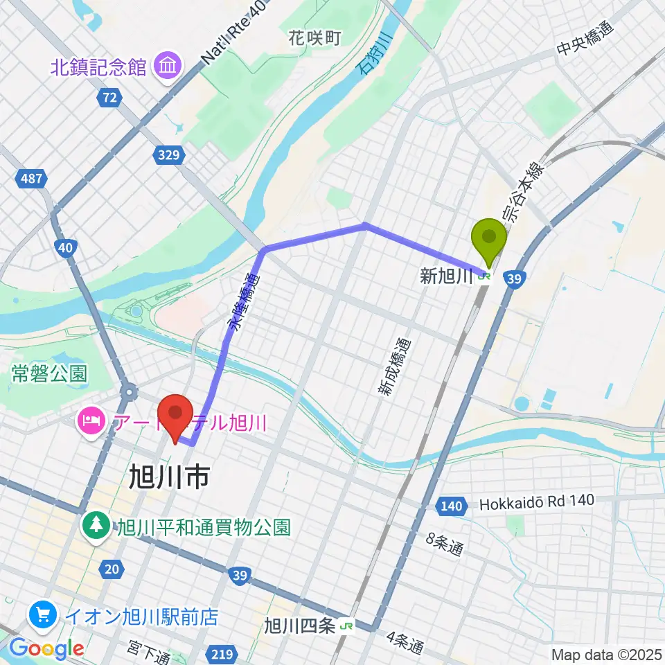 新旭川駅から旭川市民文化会館へのルートマップ地図